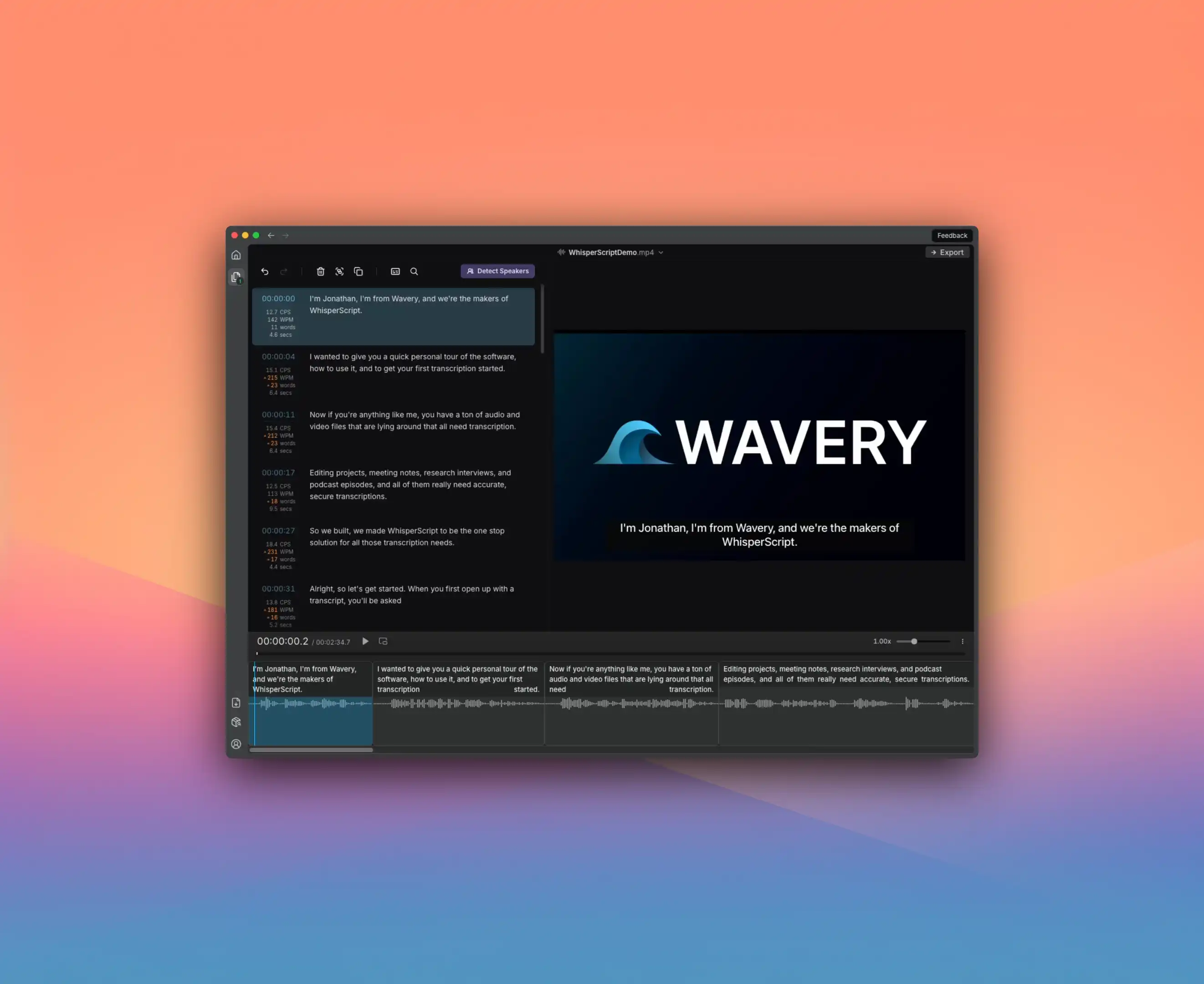 WhisperScript by Wavery on a laptop screen showing waveform, transcript, and export actions.