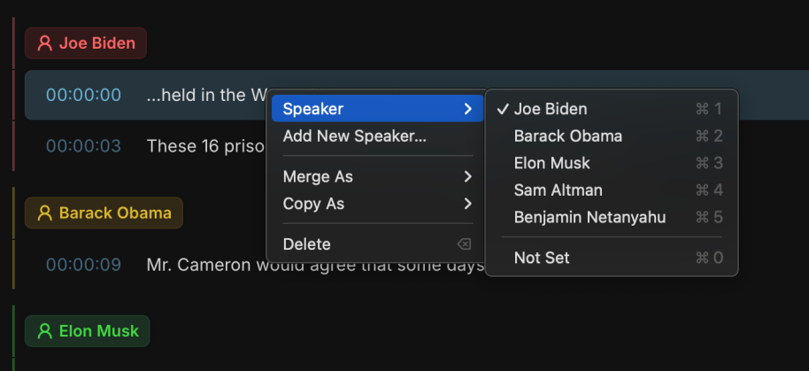 Speaker detection improvements and editable speaker tags