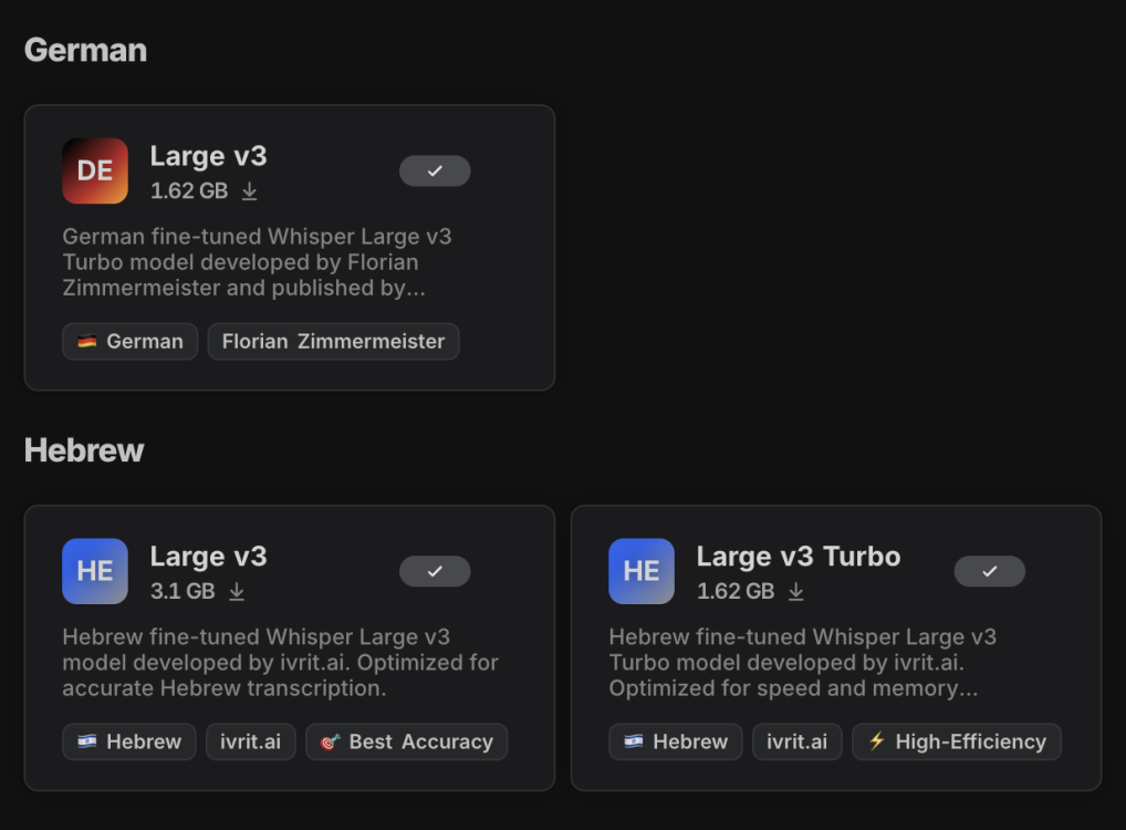 New fine-tuned Whisper models for German and Hebrew